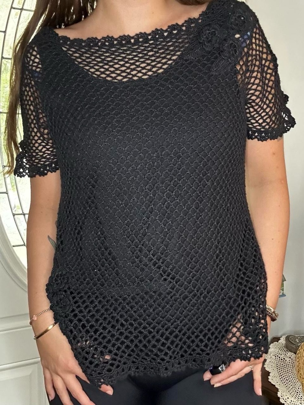 Women’s Black Crochet Top with Black Lining